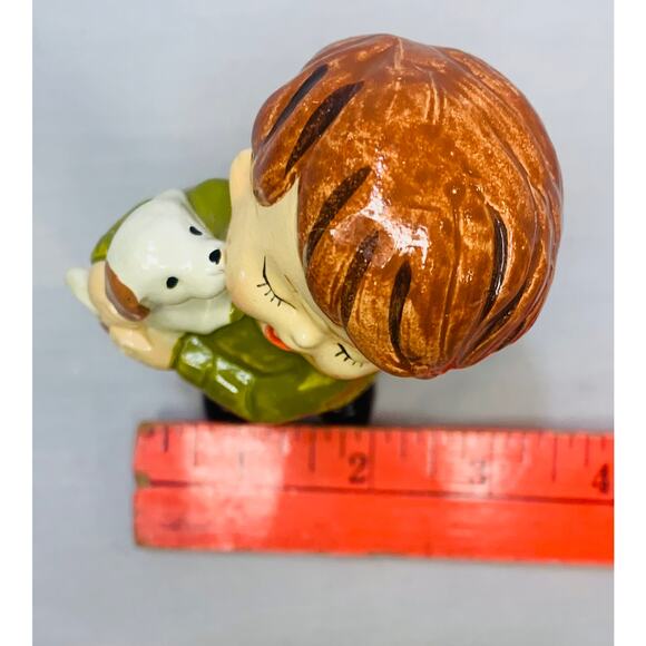 Made In Japan Figurine Boy with Dog MCM Green Shirt Brown Hair Pants Vintage - Picture 8 of 9